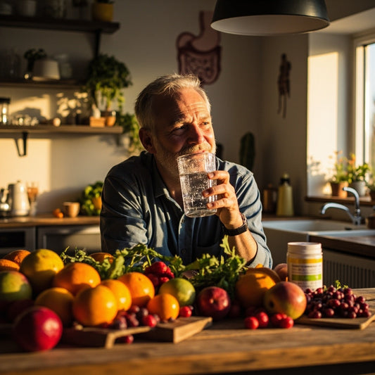 Older man drinking a glass of water in a sunlit kitchen, surrounded by fresh fruits and a magnesium supplement bottle, representin healthy digestion and electrolyte balance.