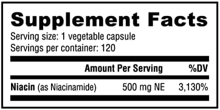 NutraBio Niacinamide Supplement for Normalized Blood Lipids, Better LDL & HDL Levels, Flush Free Vitamin B3, 500mg - 120 Vegetable Capsules