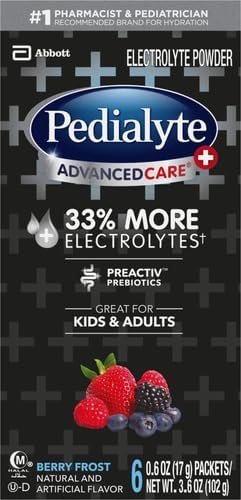 Pedialyte AdvancedCare Plus Electrolyte Powder, with 33% More Electrolytes and PreActiv Prebiotics, Berry Frost, Electrolyte Drink Powder Packets, 0.6 oz, 6 Count