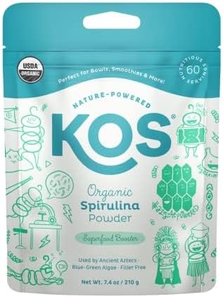 KOS USDA Organic Spirulina Powder, Natural Taste - 100% Pure, Non-Irradiated Vegan Green Blue Spirulina Superfood Powder, Plant Based - Rich in Protein, Vitamins, Antioxidants & Fiber, 60 Servings Bag
