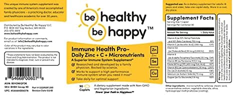 Be Healthy! Be Happy! Immune Health Pro – Daily Zinc + C + Micronutrients Infection Fighting Superior Immune System Supplement