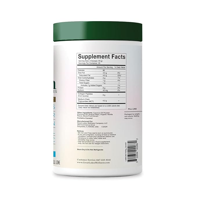 Great Lakes Wellness Keto Boost Advanced Collagen Peptides with 4.2g MCTs - Vanilla - Nutritiously-Rich Non-Dairy Coffee Creamer or Smoothie Alt - Non-GMO, Kosher - 14.1 oz - Packaging May Vary