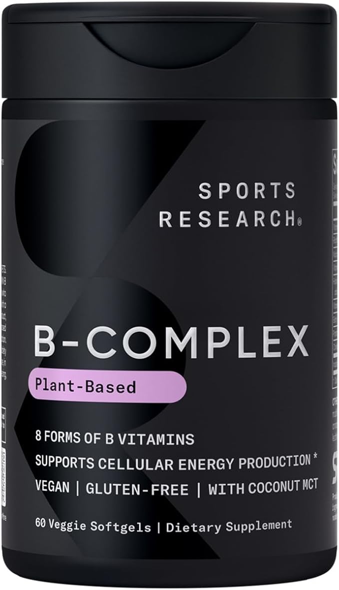 Sports Research Vitamin B-Complex - Full Spectrum of B Vitamins - Plant-Based Vegan-Friendly Formula - 60 Veggie Softgels