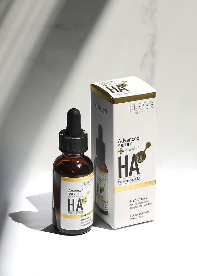 CLARA'S NEW YORK 100 Pure Advanced Hyaluronic Acid Facial Serum 30ml with Vitamin E for Plumping, Anti Aging and Intense Hydration, Moisturized Skin - Made in USA 30ml (1Fl/Oz)