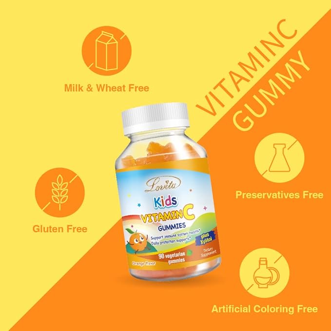 Lovita Vegan Vitamin C Gummies for Kids, Great Tasting Plant-Based Formula, Immune Function Support with Vitamin C 150mg per Daily Servings & Xylitol, Natural Orange Flavored, 90 Gummies