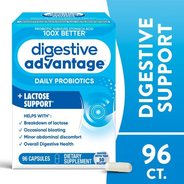 Digestive Advantage Lactose Defense with Lactase Enzymes & Probiotics for Digestive Health, Support for Breaking Down Lactose, Minor Abdominal Discomfort & Gut Health, 96ct Capsules (Pack of 4)