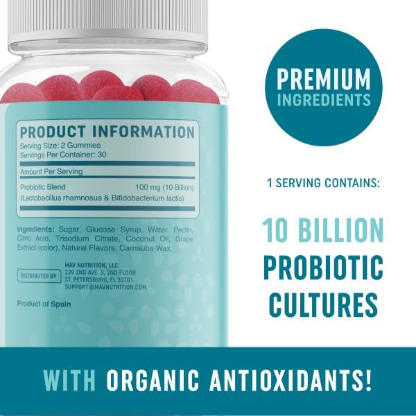 Probiotic Gummies with Vitamin C and Folic Acid | 5 Billion CFU Probiotics | Gut Health, Digestion, & Immune System Support | Gluten-Free, Non-GMO, Berry Flavor | With Organic Fruit Extracts | 60 ct.