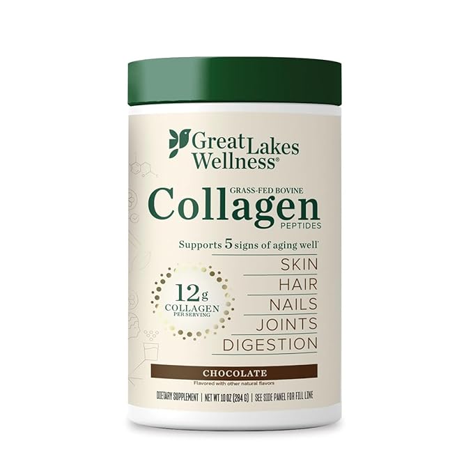 Great Lakes Wellness Collagen Peptides Powder for Skin, Hair, Nails, Joints & Digestion - Chocolate Flavored - Quick Dissolve Hydrolyzed, Non-GMO, Kosher - 10 oz - Packaging May Vary