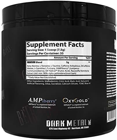 DARK METAL Inc Manson High Stim Pre Workout Powder, Energy Focus Strength, Loaded with Beta Alanine L Carnitine Caffeine Infinergy, 35 Srvgs, Mixed Berry