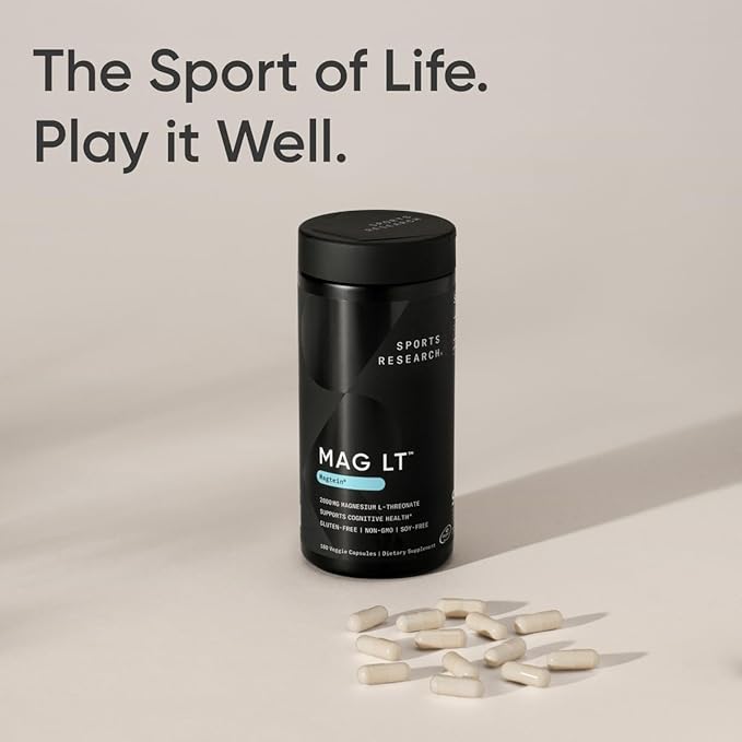 Sports Research Magtein Magnesium L-Threonate Capsules - Magnesium Supplement for Memory, Focus & Cognition - Magnesium L Threonate Supports Brain Health, Sleep & Mood- 2000mg, 180 Capsules for Adults