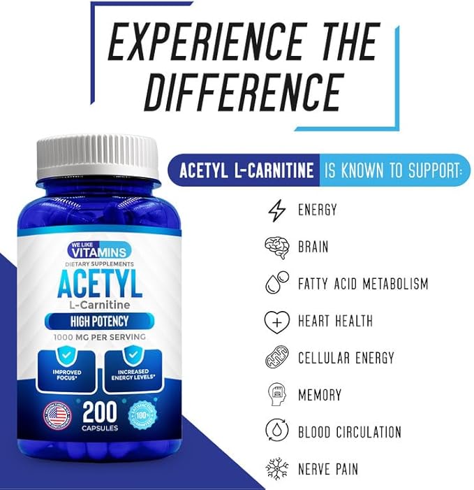We Like Vitamins Acetyl L-Carnitine 1000mg Capsules - 200 Easy to Swallow Veggie Capsules - Acetyl l Carnitine Supplement Helps Support Focus, Brain Function, and Energy