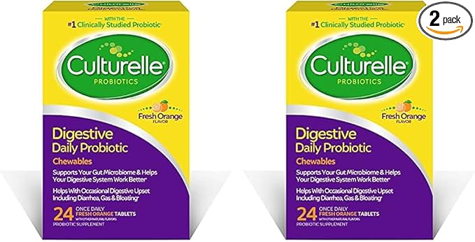 Culturelle Digestive Health Daily Probiotic Chewables, Probiotic for Men and Women, Most Clinically Studied Probiotic Strain, 10 Billion CFUs, Supports Occasional Diarrhea, Gas & Bloating, 24 Count