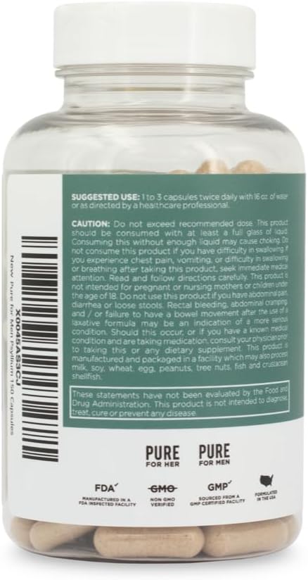Daily Psyllium Husk Fiber Supplement by Pure for Men & Pure for Her | Digestive Regularity & Gut Health Support | Soluble Fiber Powder, 2,175mg Per Serving | 150 Capsules