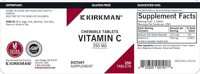 Kirkman Labs Vitamin C 250 mg Chewable Tablets with Stevia-250 Count