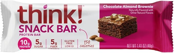 think! Protein Bars with Chicory Root for Fiber, Digestive Support, Gluten Free with Whey Protein Isolate, Chocolate Almond Brownie, Snack Bars without Artificial Sweeteners, 1.4 Oz (10 Count)