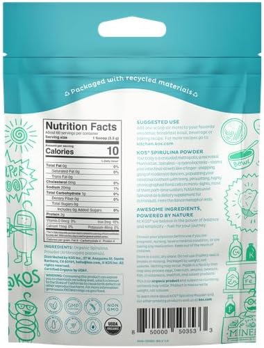 KOS USDA Organic Spirulina Powder, Natural Taste - 100% Pure, Non-Irradiated Vegan Green Blue Spirulina Superfood Powder, Plant Based - Rich in Protein, Vitamins, Antioxidants & Fiber, 60 Servings Bag