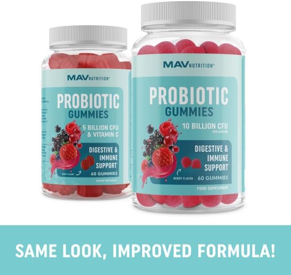 Probiotic Gummies with Vitamin C and Folic Acid | 5 Billion CFU Probiotics | Gut Health, Digestion, & Immune System Support | Gluten-Free, Non-GMO, Berry Flavor | With Organic Fruit Extracts | 60 ct.