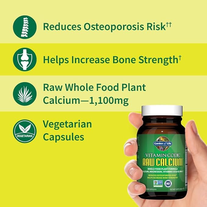 Garden of Life Raw Calcium Supplement for Women and Men - Vitamin Code Made from Whole Foods with Magnesium, K2, Vitamin D3 and Vitamin C Plus Probiotics for Digestion, 60 Capsules
