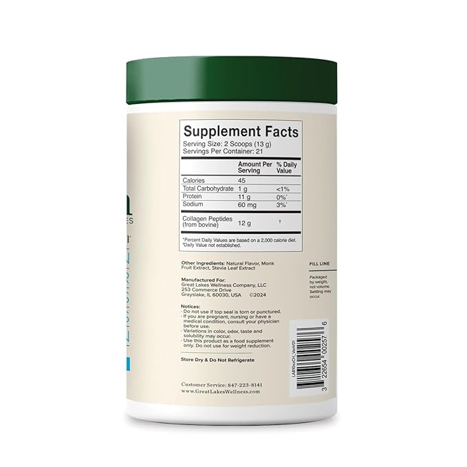 Great Lakes Wellness Collagen Peptides Powder for Skin, Hair, Nails, Joints & Digestion - Vanilla Flavored - Quick Dissolve Hydrolyzed, Non-GMO, Kosher - 10 oz - Packaging May Vary