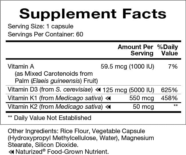 Natura Health Products Vitamin D-A-K Supplement - Supports Healthy Bone, Heart and Vision Function, Featuring Vitamin D3 5000 IU, K2 50 mcg, K1 550 mcg, Vitamin A 1000 IU, Bioavailable (60 Capsules)