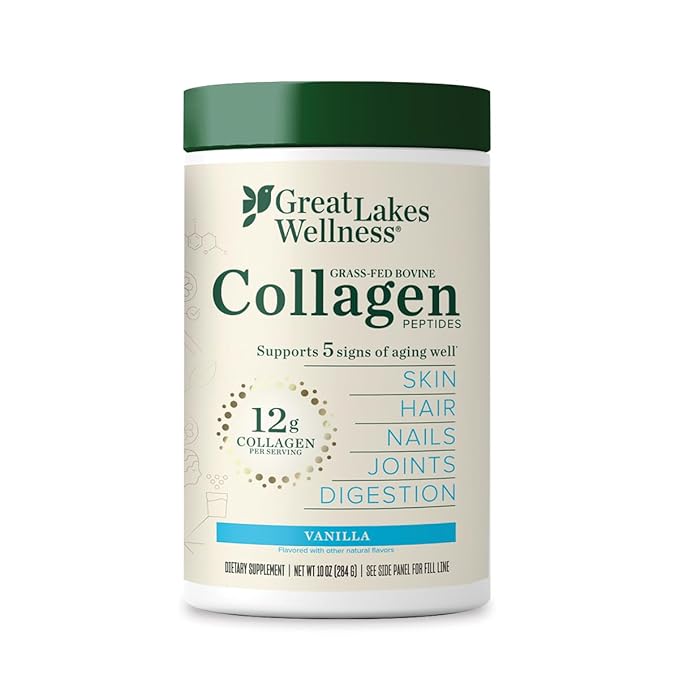 Great Lakes Wellness Collagen Peptides Powder for Skin, Hair, Nails, Joints & Digestion - Vanilla Flavored - Quick Dissolve Hydrolyzed, Non-GMO, Kosher - 10 oz - Packaging May Vary