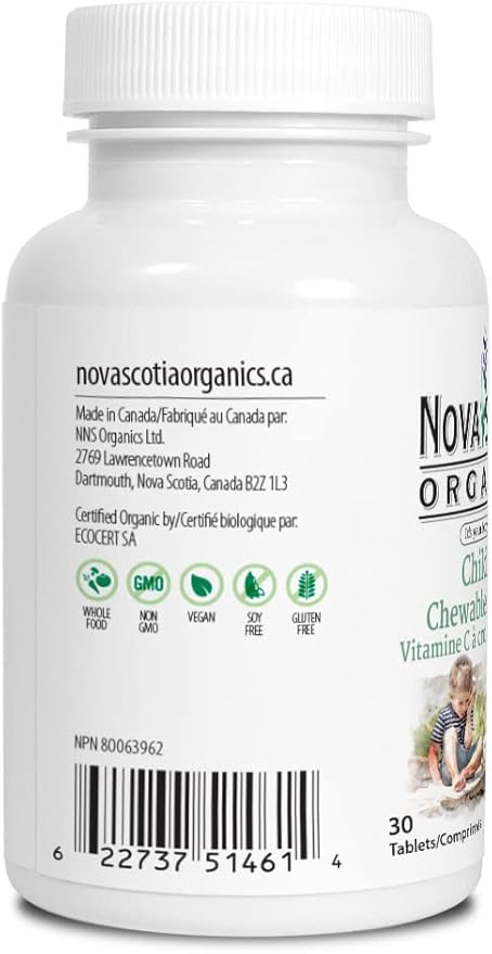 Nova Scotia Organics Children's Chewable Vitamin C (30 Chewable Tablets); Certified Organic; Vegan, Organic Acerola Berries