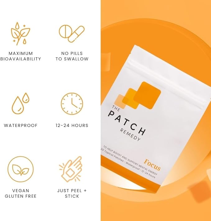 The Patch Remedy Focus Patches - Topical Focus Patch Plus Ginkgo Biloba, Acetyl-l-Carnitine, Bacopa Monnieri, Magnesium L-Threonate, & Camellia Sinensis, 30 Transdermal Patches for Adults & Kids