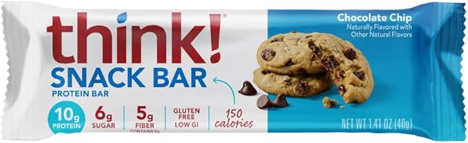 think! Protein Bars with Chicory Root for Fiber, Digestive Support, Gluten Free with Whey Protein Isolate, Chocolate Chip, Snack Bars without Artificial Sweeteners, 1.4 Oz (10 Count)