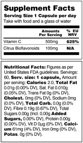 Vegan Vitamin C Supplements — VIT C + Citrus Bioflavonoids — Vitamins and Health Supplements — Daily Supplements (60 Capsules) — Vitamin C 500mg Capsules — Antioxidants Supplement