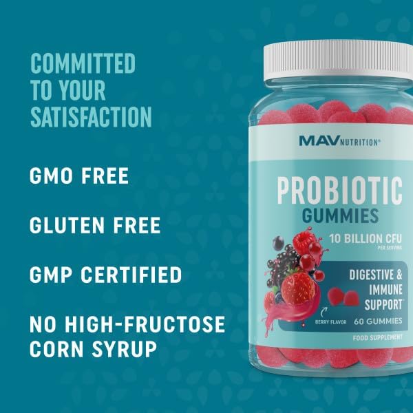 Probiotic Gummies with Vitamin C and Folic Acid | 5 Billion CFU Probiotics | Gut Health, Digestion, & Immune System Support | Gluten-Free, Non-GMO, Berry Flavor | With Organic Fruit Extracts | 60 ct.