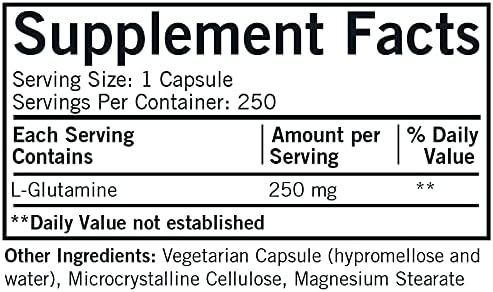 L-Glutamine 250 mg - Hypoallergenic | 250 Vegetarian Capsules | Amino Acid | Gluten and Casein Free
