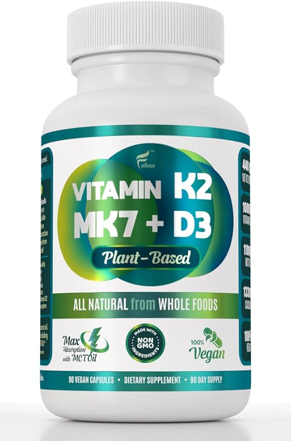 Vegan Vitamin K2+D3 | 440 mcg All-Trans MK-7 440mcg from Peas + 1000IU Vitamin D3 from Chlorella + MCT Coconut Oil for max Absorption | 90 Capsules, 100% Vegan, Non-GMO