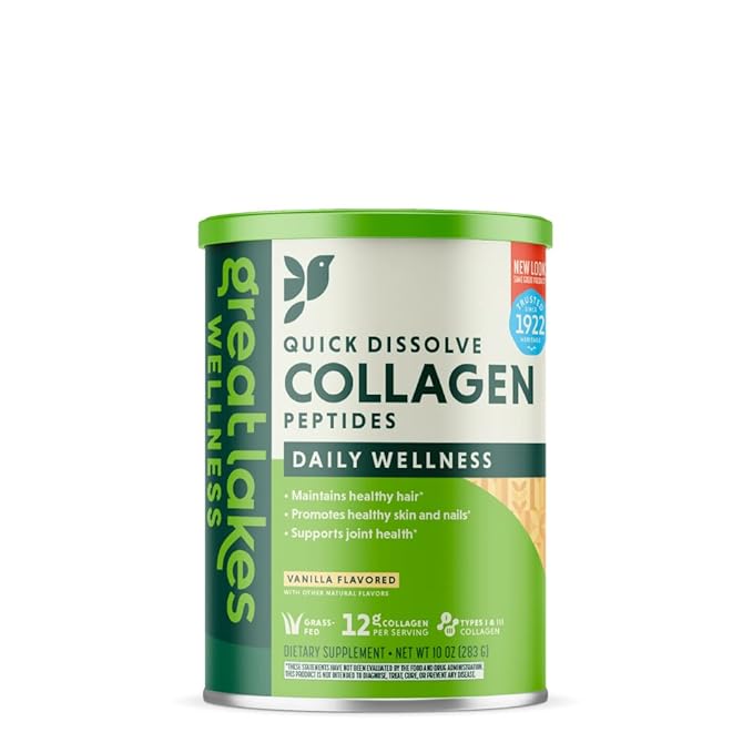 Great Lakes Wellness Collagen Peptides Powder for Skin, Hair, Nails, Joints & Digestion - Vanilla Flavored - Quick Dissolve Hydrolyzed, Non-GMO, Kosher - 10 oz - Packaging May Vary