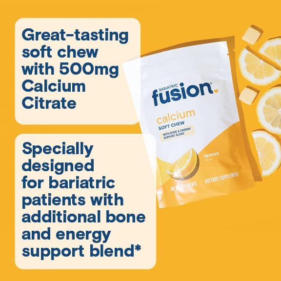 Bariatric Fusion Bariatric Calcium Chews | Calcium Citrate with Vitamin D3 Calcium Supplement Bariatric Vitamin | Sugar Free Calcium Citrate Chewable | Calcium Citrate 500mg | Lemon | 60 Count