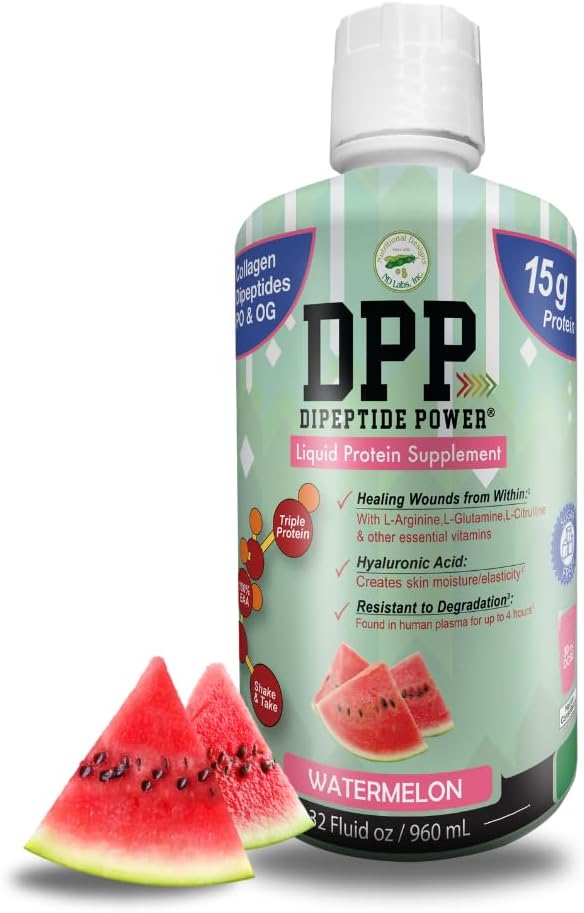 Nutritional Designs DPP Dipeptide, Wound-Healing Liquid Collagen & Whey Protein Supplement, Sugar-Free, Promotes Healthy Skin & Hair for Men & Women (Watermelon, Bottle 32 Fl Oz)