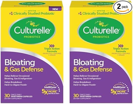 Culturelle Bloating & Gas Defense, Digestive Enzymes & Probiotics for Digestive Health, 30 Capsules, Supports Occasional Indigestion & Discomfort (Pack of 2)