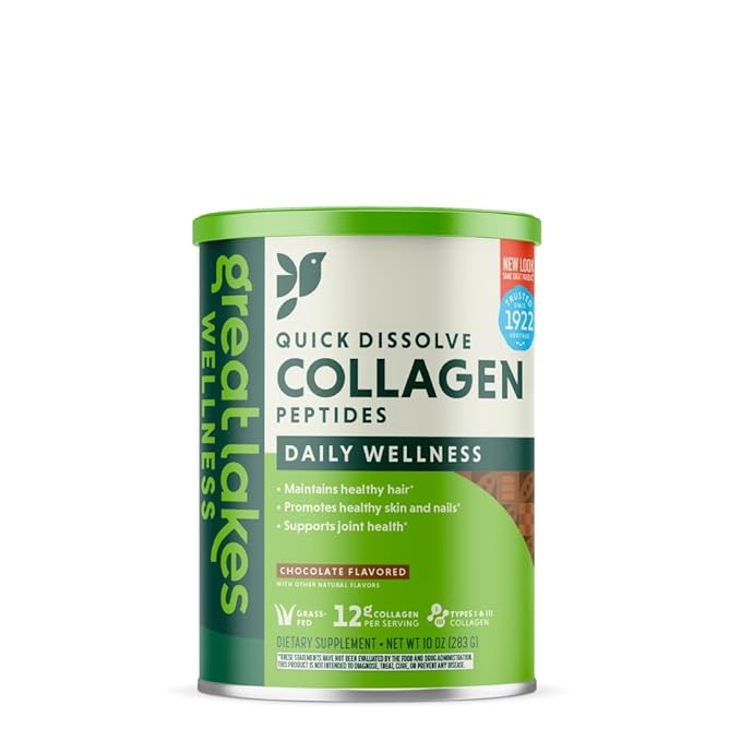 Great Lakes Wellness Collagen Peptides Powder for Skin, Hair, Nails, Joints & Digestion - Chocolate Flavored - Quick Dissolve Hydrolyzed, Non-GMO, Kosher - 10 oz - Packaging May Vary
