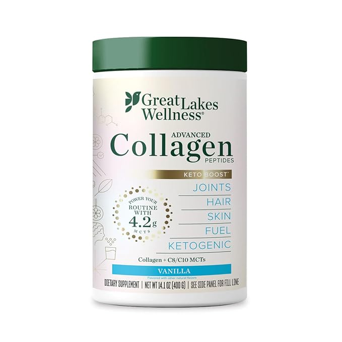 Great Lakes Wellness Keto Boost Advanced Collagen Peptides with 4.2g MCTs - Vanilla - Nutritiously-Rich Non-Dairy Coffee Creamer or Smoothie Alt - Non-GMO, Kosher - 14.1 oz - Packaging May Vary