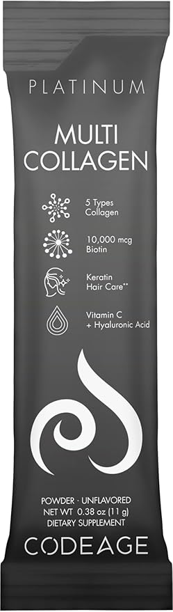 Codeage Multi Collagen and Biotin 10,000 mcg + Vitamin C, B6 & D3, Keratin, Hyaluronic Acid, Niacin, 18 Amino Acids - Stick Packs Supplement - 5 Types Collagen Protein – 30 Powder Packets