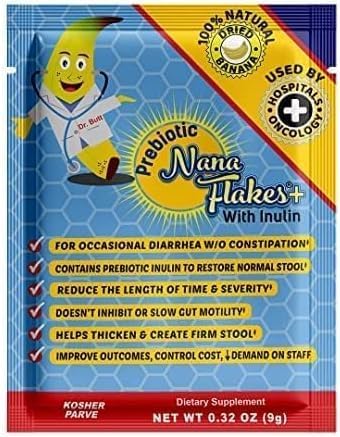 Nutritional Designs, Prebiotic Nana Flakes with Inulin, 100% Pure Banana Flakes, Gut Health, High Protein & Fiber, Natural Diarrhea Remedy, IBS Relief, for Adults & Kids 4+ (25 Single-Serve Packs)