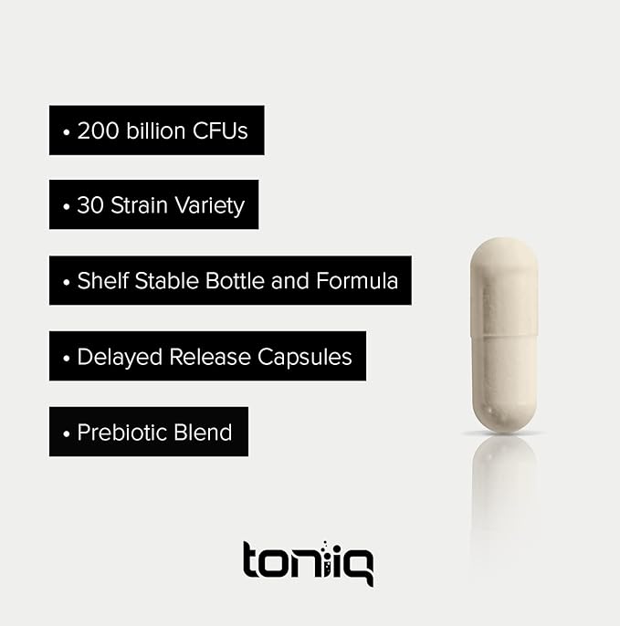 Toniiq 200 Billion CFU Probiotic Supplement 30 Verified Third-Party Tested Strains - Fully Shelf-Stable Probiotics Formula with Prebiotic Blend - Extended Release Capsules