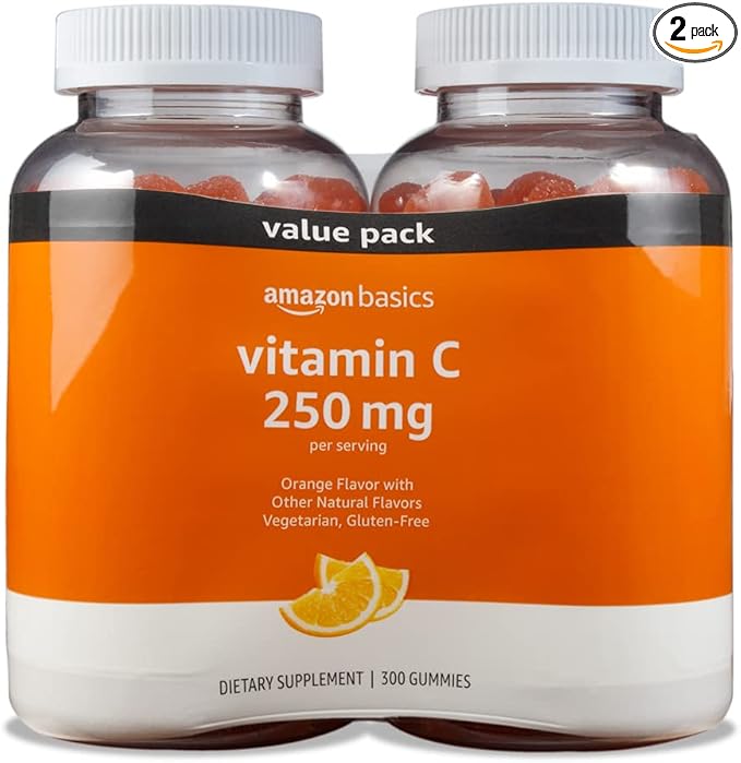 Amazon Basics Vitamin C 250 mg Gummies, Orange, 300 Count (2 Packs of 150), 2 per Serving (Previously Solimo)