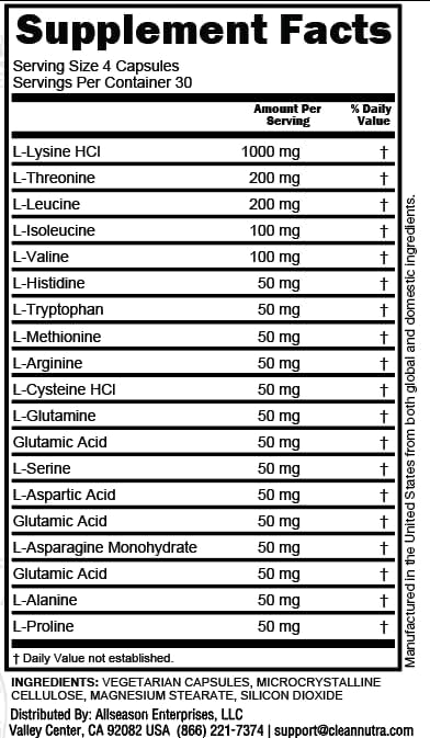 Amino Acids Supplement L-Lysine, L-Threonine, L-Leucine, Isoleucine, Valine, L-Histidine, L-Tryptophan, L-Methionine, L-Arginine, L-Cysteine, L-Glutamine, L-Serine, Aspartic Acid, Alanine, L-Proline