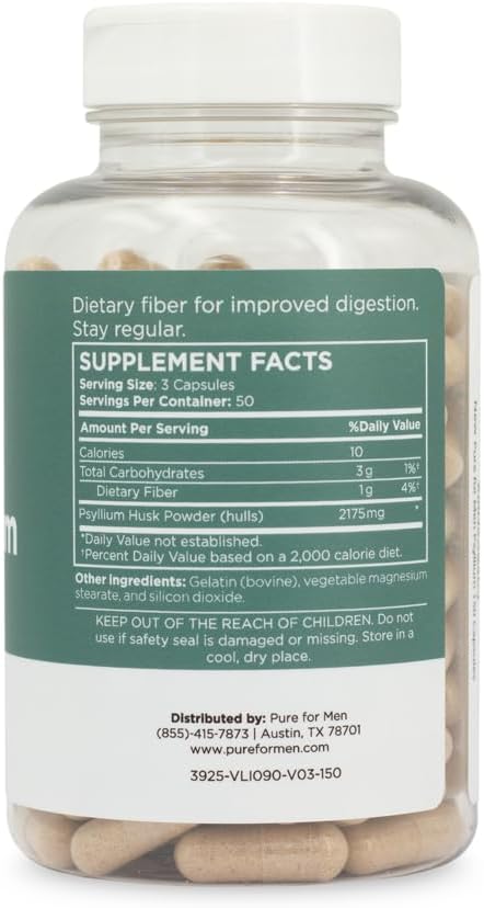 Daily Psyllium Husk Fiber Supplement by Pure for Men & Pure for Her | Digestive Regularity & Gut Health Support | Soluble Fiber Powder, 2,175mg Per Serving | 150 Capsules