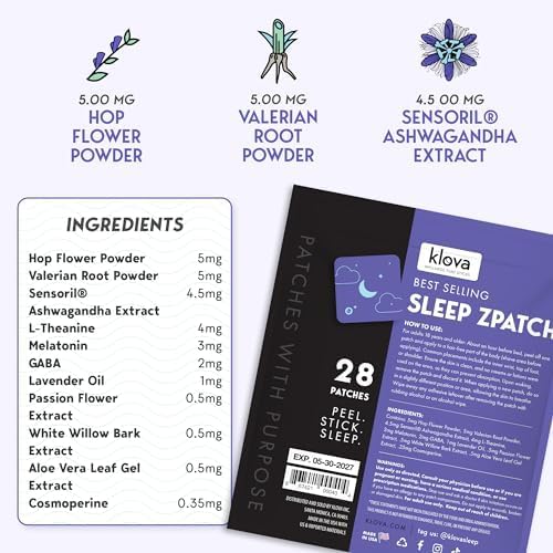Klova Sleep Support Patches with Ashwagandha, L-Theanine, Hops, Melatonin, Valerian, GABA and Other Natural Ingredients: for Falling Asleep Faster, Staying Asleep Longer & Eliminating Groggy Mornings