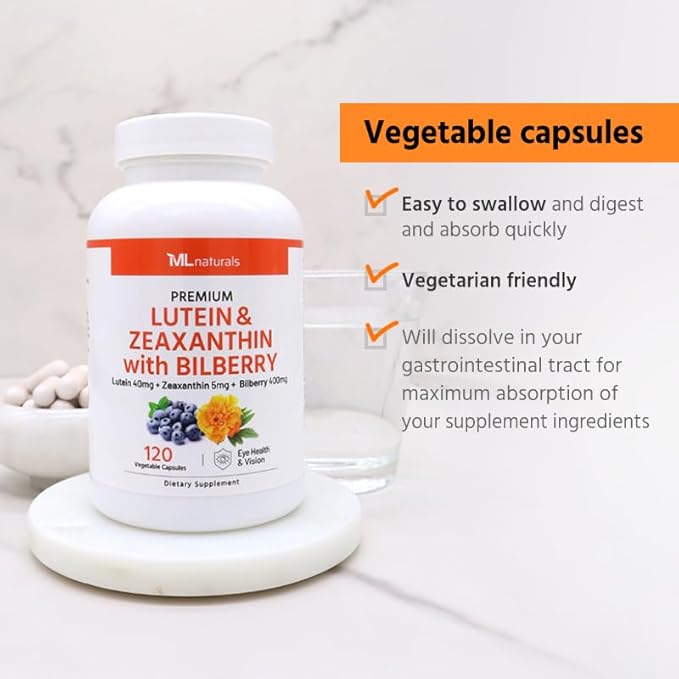 Premium Lutein & Zeaxanthin with Bilberry 60 Vegetable Capsules. Lutein 40 mg, Zeaxanthin 5 mg, and Bilberry 400 mg. All-Natural. High Potency & Premium Quality. Healthy Eyes & Vision.