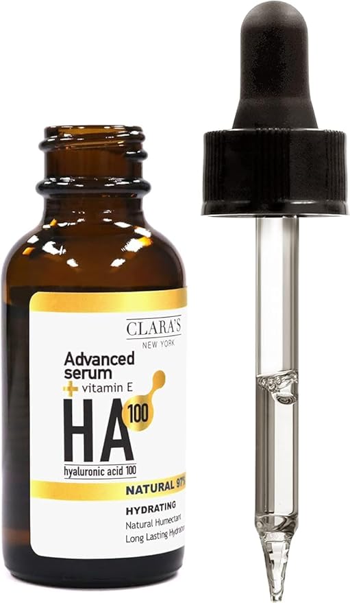 CLARA'S NEW YORK 100 Pure Advanced Hyaluronic Acid Facial Serum 30ml with Vitamin E for Plumping, Anti Aging and Intense Hydration, Moisturized Skin - Made in USA 30ml (1Fl/Oz)