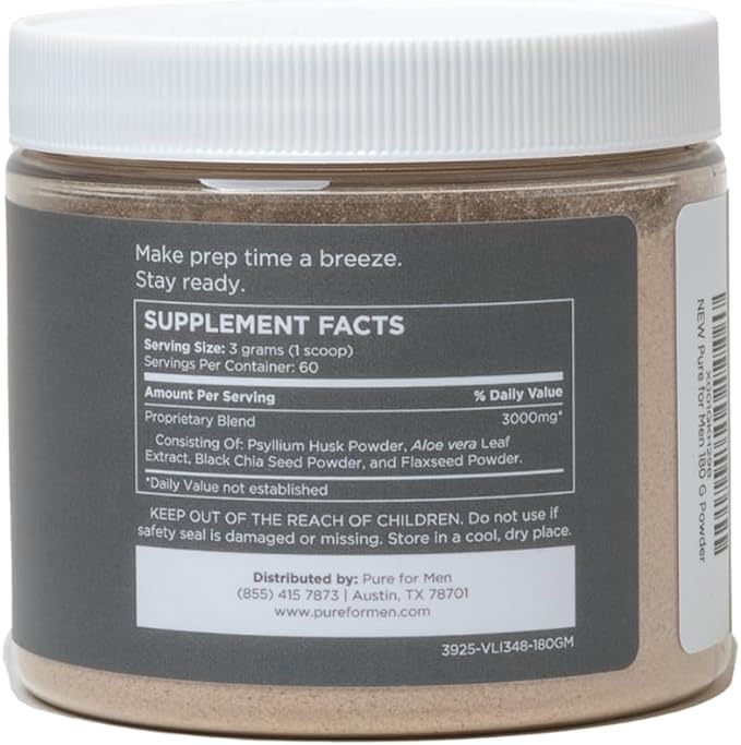 Pure for Men Original Cleanliness Stay Ready Fiber Supplement Powder | Helps Promote Digestive Regularity | Psyllium Husk, Aloe Vera, Chia Seeds, Flaxseeds | Proprietary Formula | 180 gm Vegan Blend