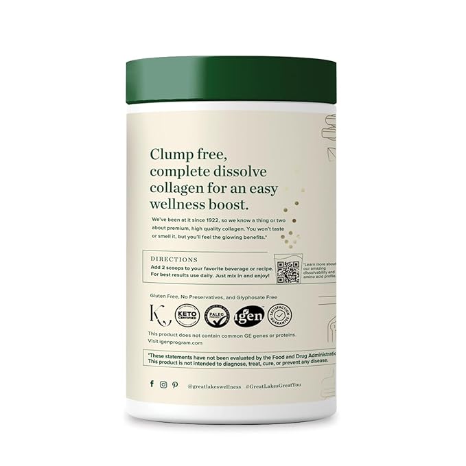 Great Lakes Wellness Collagen Peptides Powder for Skin, Hair, Nails, Joints & Digestion - Unflavored - Quick Dissolve Hydrolyzed, Non-GMO, Keto, Kosher - 10 oz - Packaging May Vary
