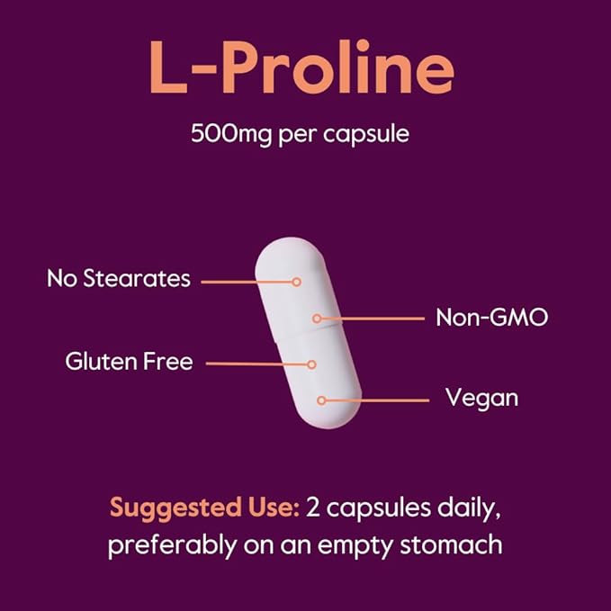 BESTVITE L-Proline 500mg (240 Vegetarian Capsules) (120 x 2) - No Stearates - No Fillers - Vegan - Gluten Free - Non GMO